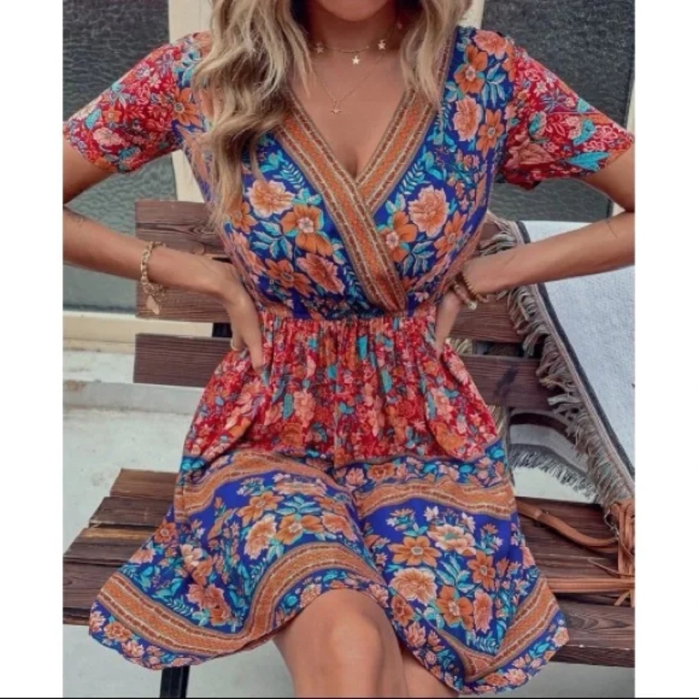 Boho Floral Print Short Sleeve Cottagecore Mini Dress - Picture 10 of 16